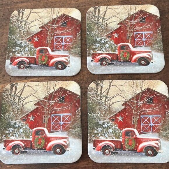 Christmas Farmhouse Barn and Red Pickup Truck Cork Coasters and Towel (new) - Picture 5 of 11
